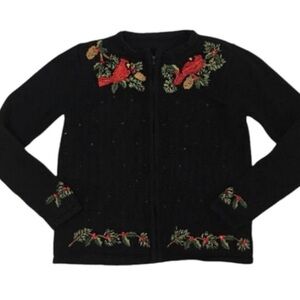 Vtg Tiara Sequin Embroidered Christmas Sweater M Cardinal Birds Zip Up Holiday